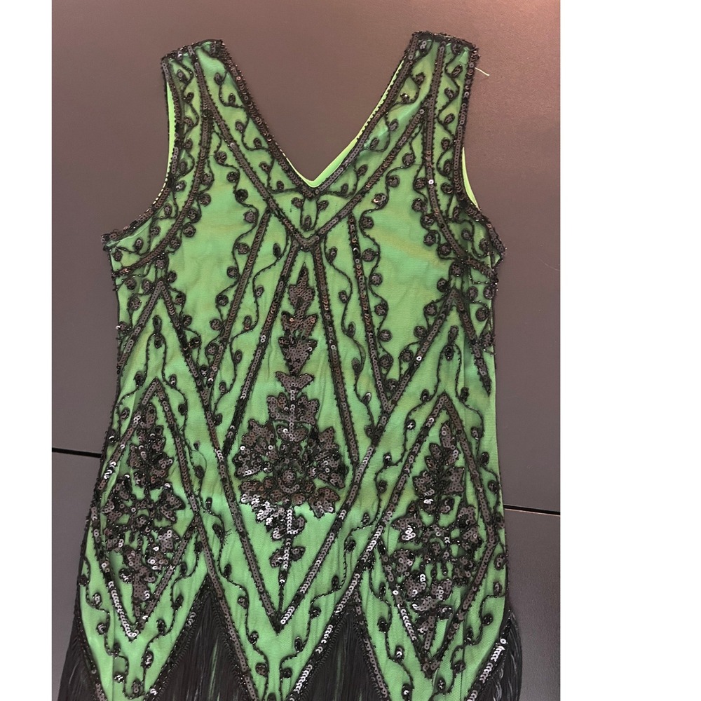 PrettyGuide Green Black Sequin Fringe Flapper Dress 1920s Gatsby Style L (1098) - Picture 13 of 16